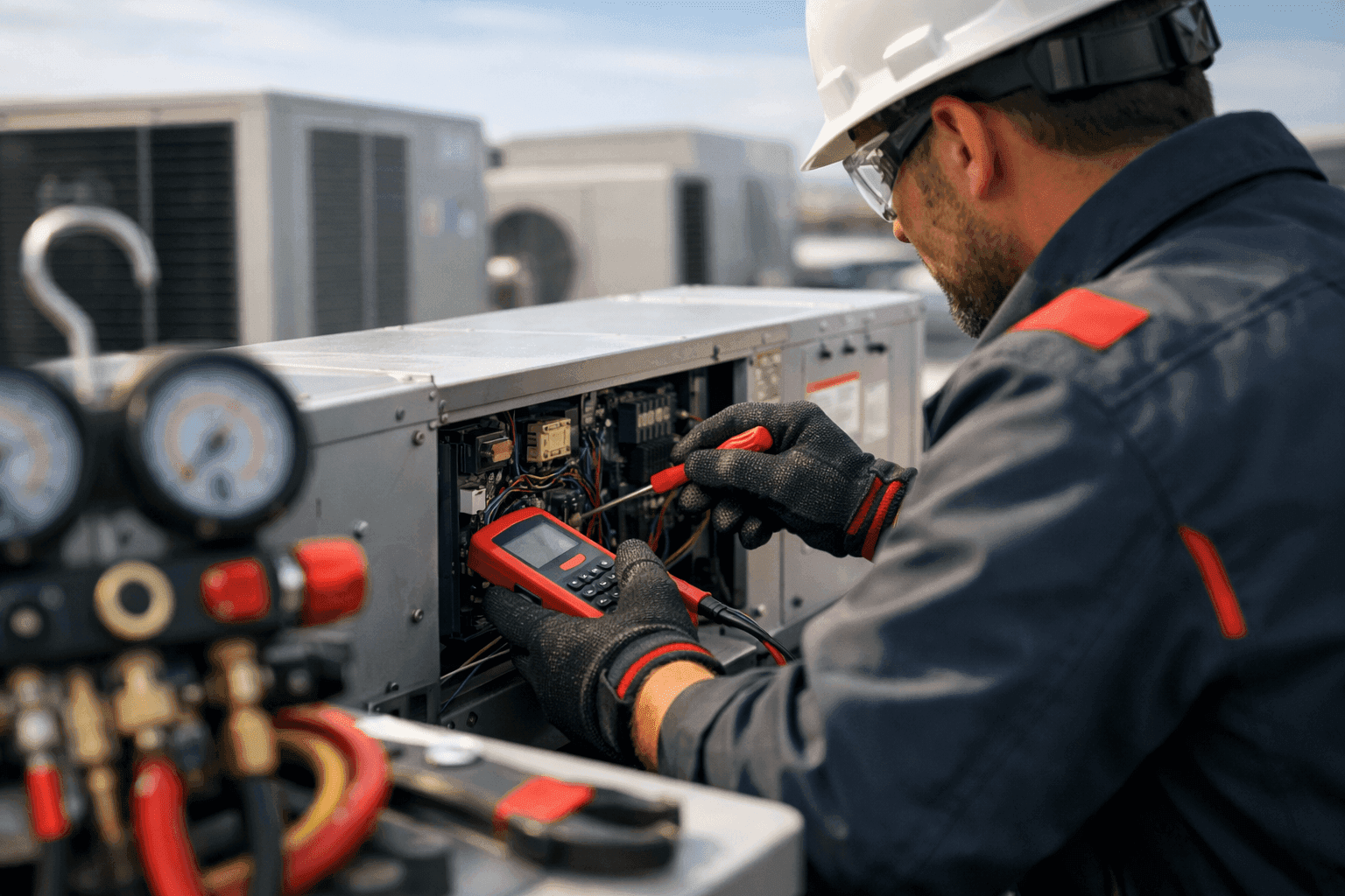 HVAC technician in PPE working on rooftop unit with red-accented uniform and tools