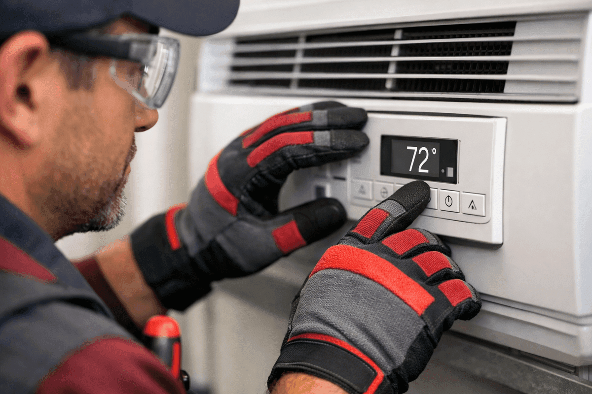 Close-up of gloved hands adjusting air conditioning control panel in clean workspace